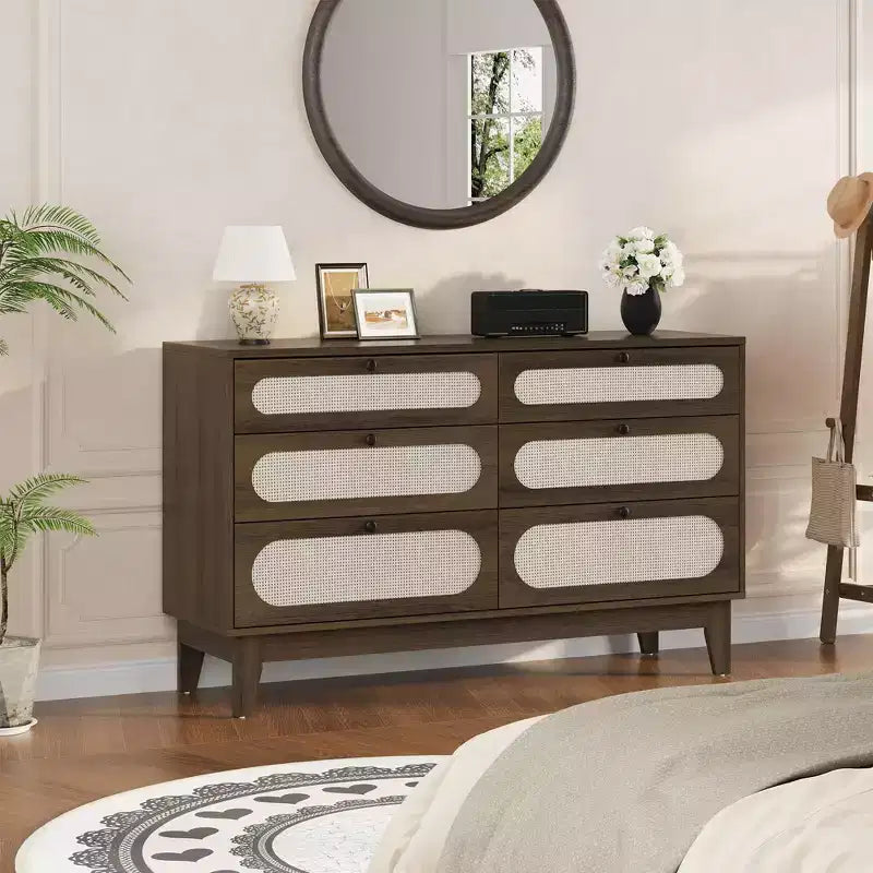 52.1 Commode de chambre en rotin, commode en bois à 6 tiroirs - Pieds en bois, station de charge, grande