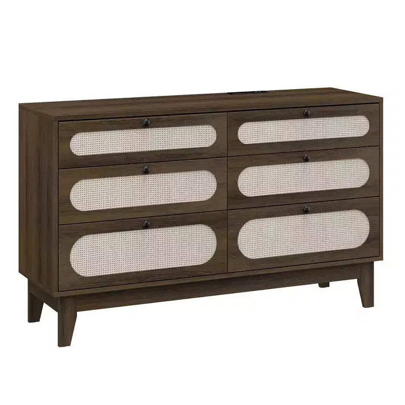 52.1 Commode de chambre en rotin, commode en bois à 6 tiroirs - Pieds en bois, station de charge, grande