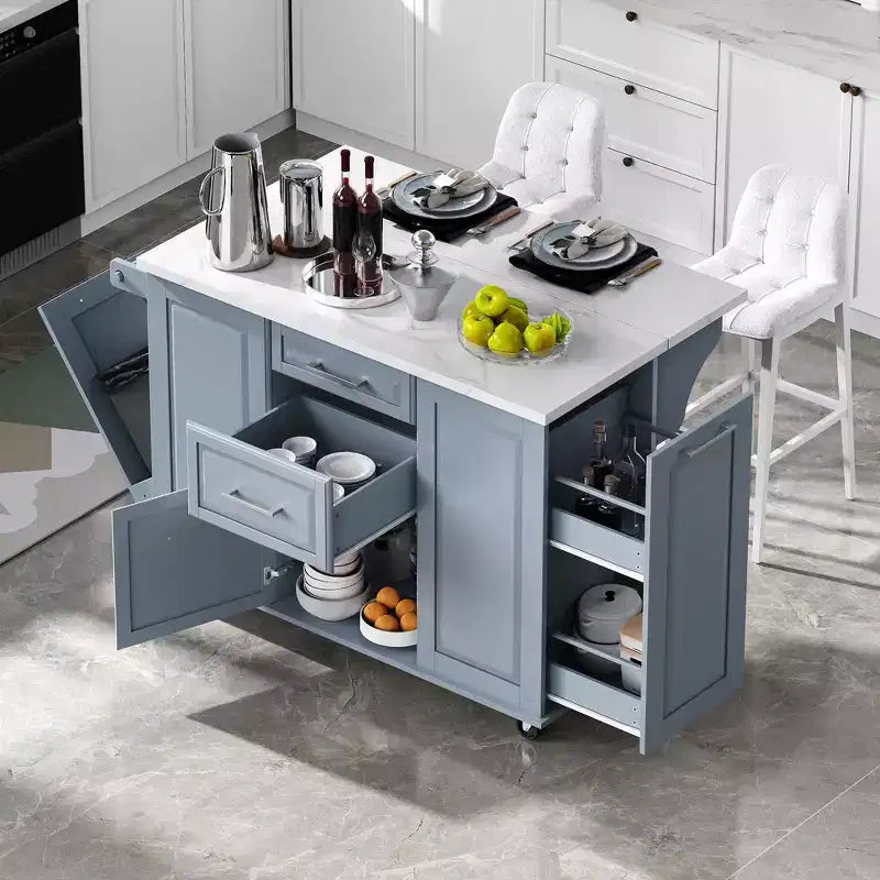Îlot de cuisine Whisen 50,7, meuble poubelle inclinable, organiseur coulissant, 5 roulettes et abattant
