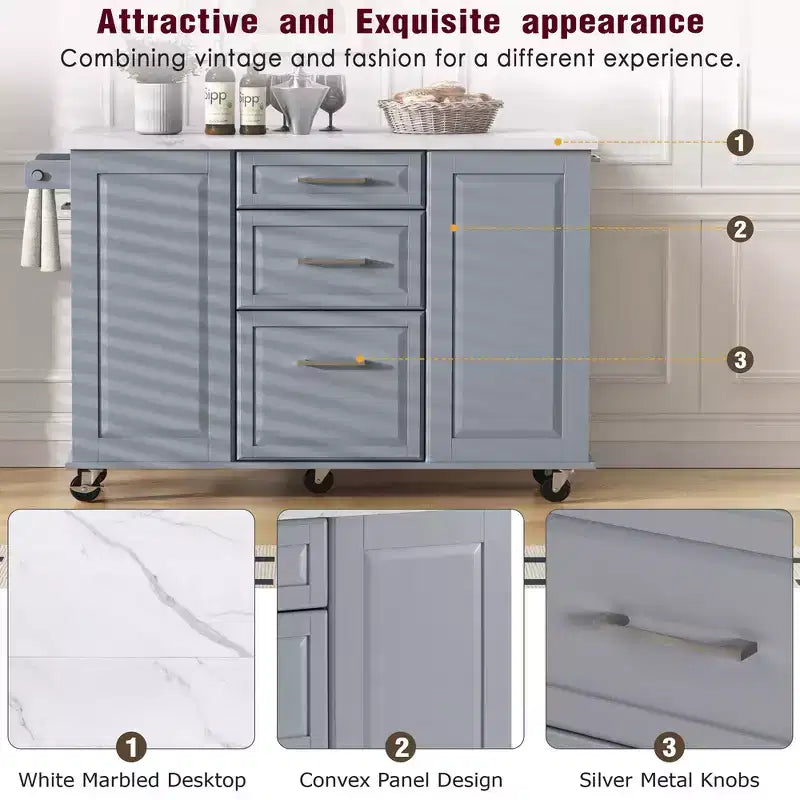 Îlot de cuisine Whisen 50,7, meuble poubelle inclinable, organiseur coulissant, 5 roulettes et abattant