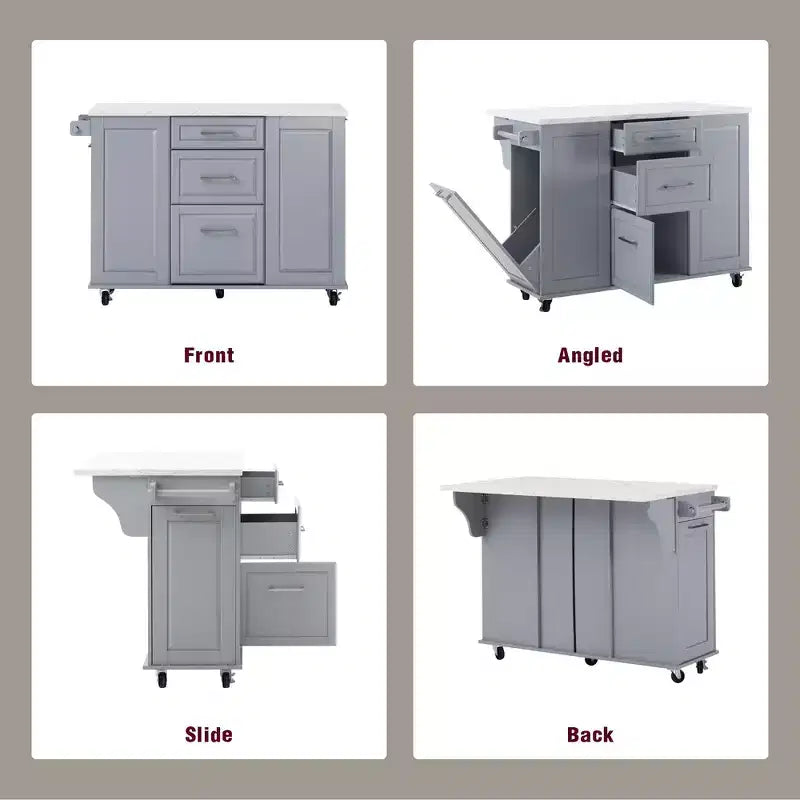 Îlot de cuisine Whisen 50,7, meuble poubelle inclinable, organiseur coulissant, 5 roulettes et abattant