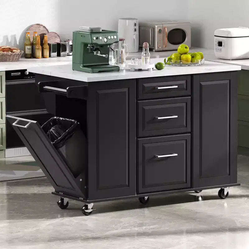 Îlot de cuisine Whisen 50,7, meuble poubelle inclinable, organiseur coulissant, 5 roulettes et abattant
