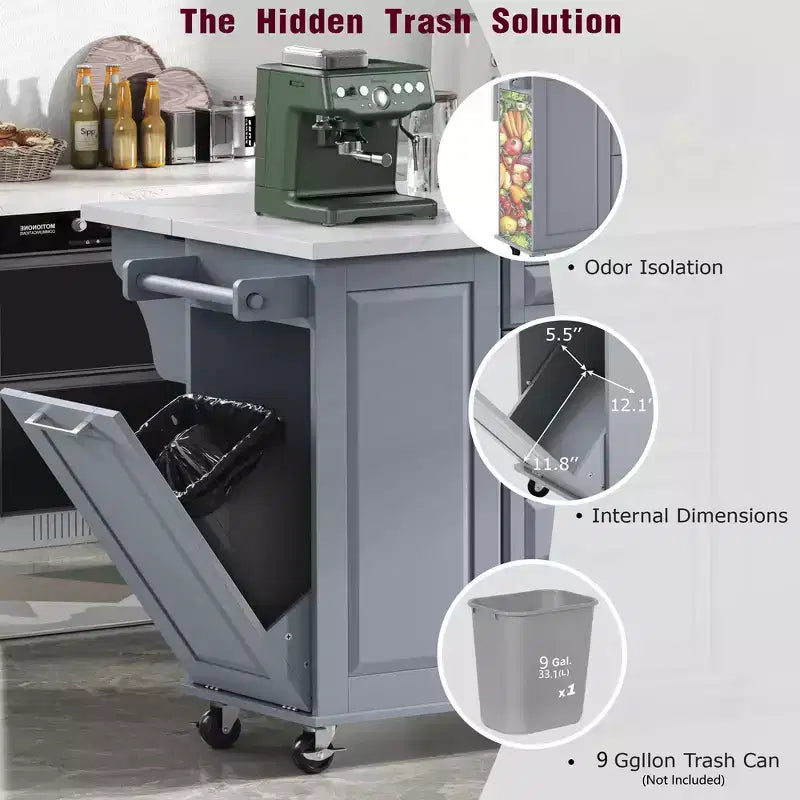 Îlot de cuisine Whisen 50,7, meuble poubelle inclinable, organiseur coulissant, 5 roulettes et abattant