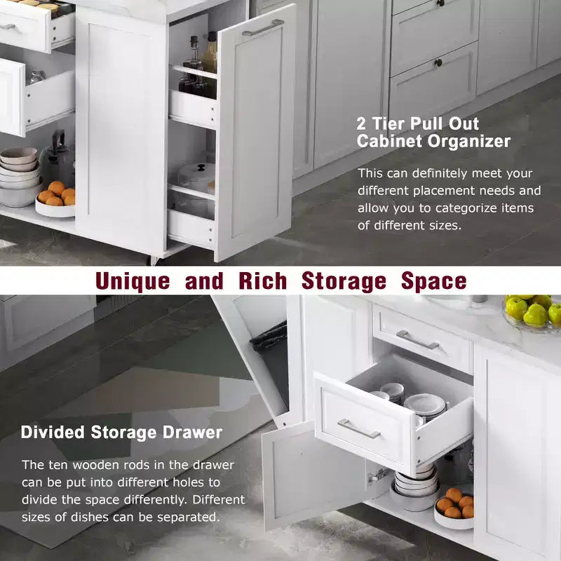 Îlot de cuisine Whisen 50,7, meuble poubelle inclinable, organiseur coulissant, 5 roulettes et abattant