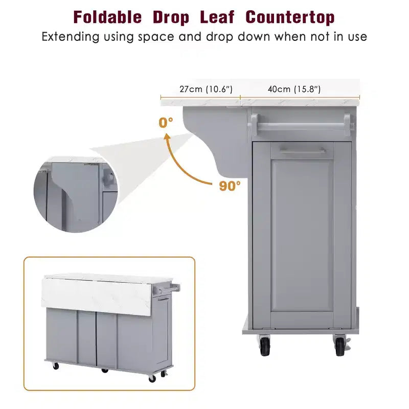 Îlot de cuisine Whisen 50,7, meuble poubelle inclinable, organiseur coulissant, 5 roulettes et abattant