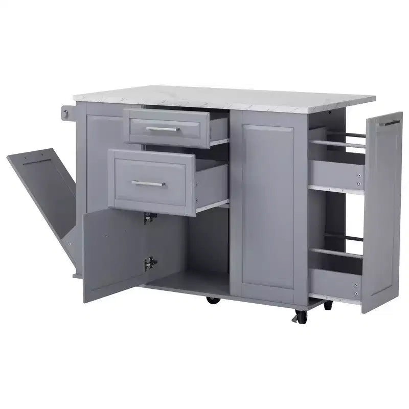 Îlot de cuisine Whisen 50,7, meuble poubelle inclinable, organiseur coulissant, 5 roulettes et abattant