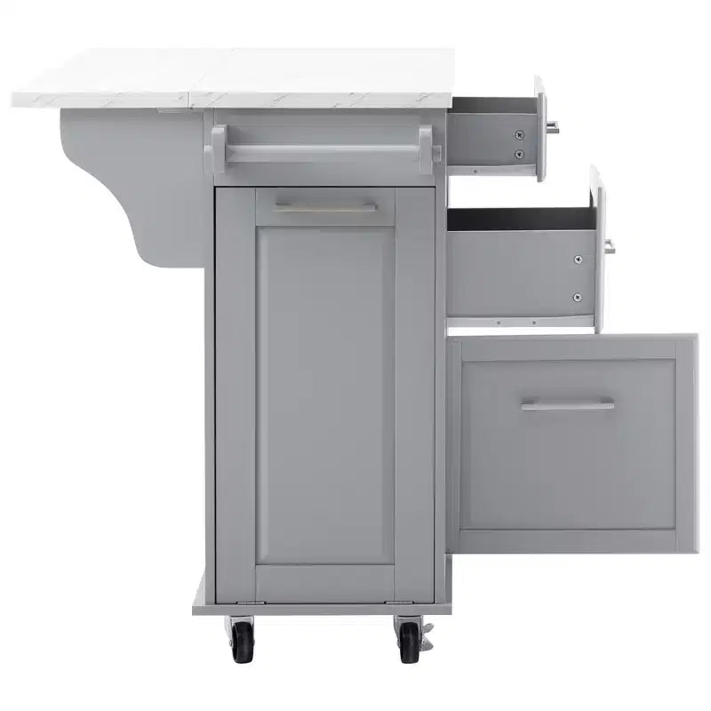 Îlot de cuisine Whisen 50,7, meuble poubelle inclinable, organiseur coulissant, 5 roulettes et abattant