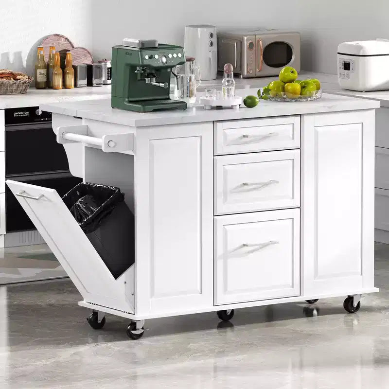Îlot de cuisine Whisen 50,7, meuble poubelle inclinable, organiseur coulissant, 5 roulettes et abattant
