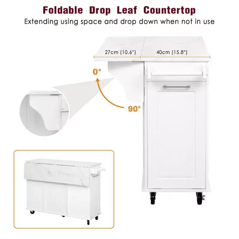 Îlot de cuisine Whisen 50,7, meuble poubelle inclinable, organiseur coulissant, 5 roulettes et abattant