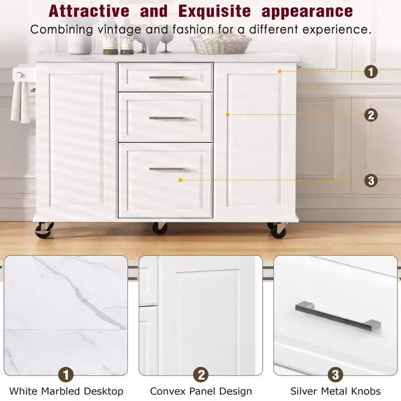Îlot de cuisine Whisen 50,7, meuble poubelle inclinable, organiseur coulissant, 5 roulettes et abattant