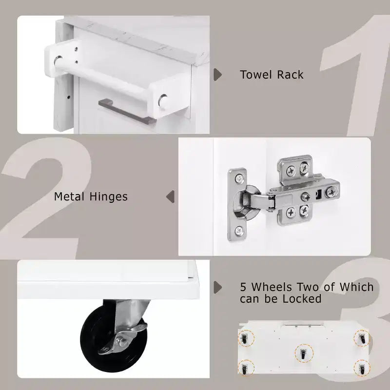 Îlot de cuisine Whisen 50,7, meuble poubelle inclinable, organiseur coulissant, 5 roulettes et abattant