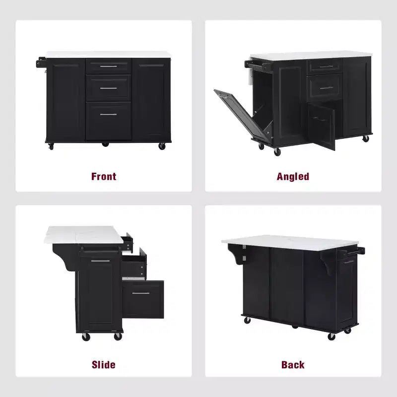 Îlot de cuisine Whisen 50,7, meuble poubelle inclinable, organiseur coulissant, 5 roulettes et abattant