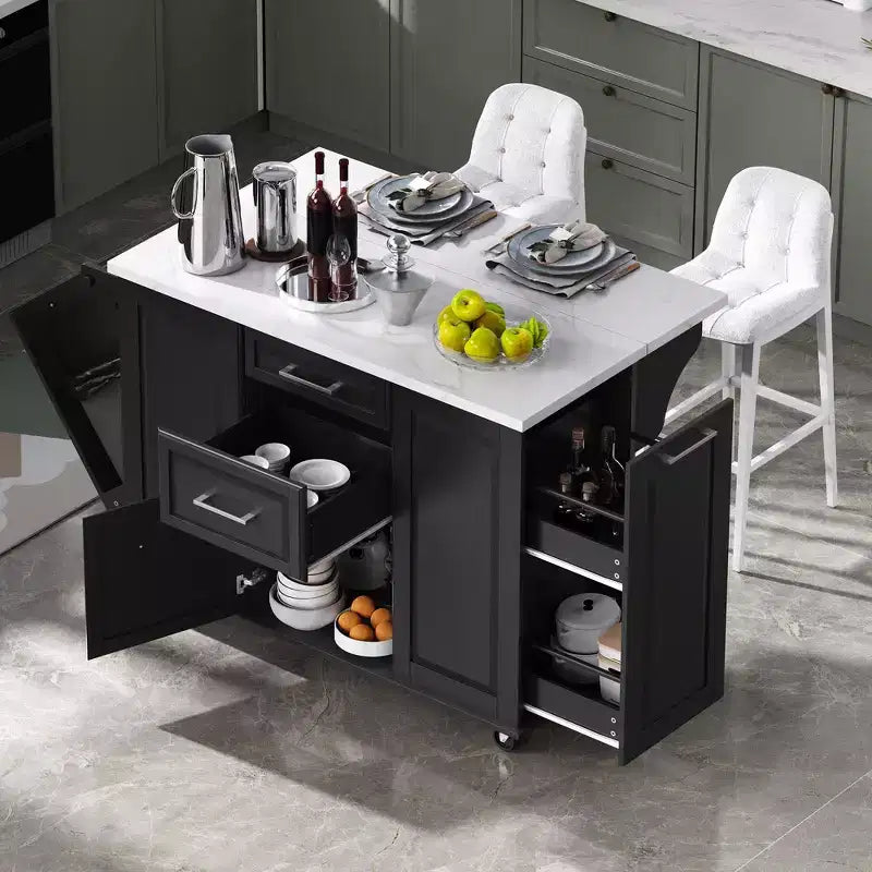 Whisen 50.7 Kitchen Island, Tilt Trash Cabinet, Pull - Out Organizer, 5 Wheels & Drop Leaf