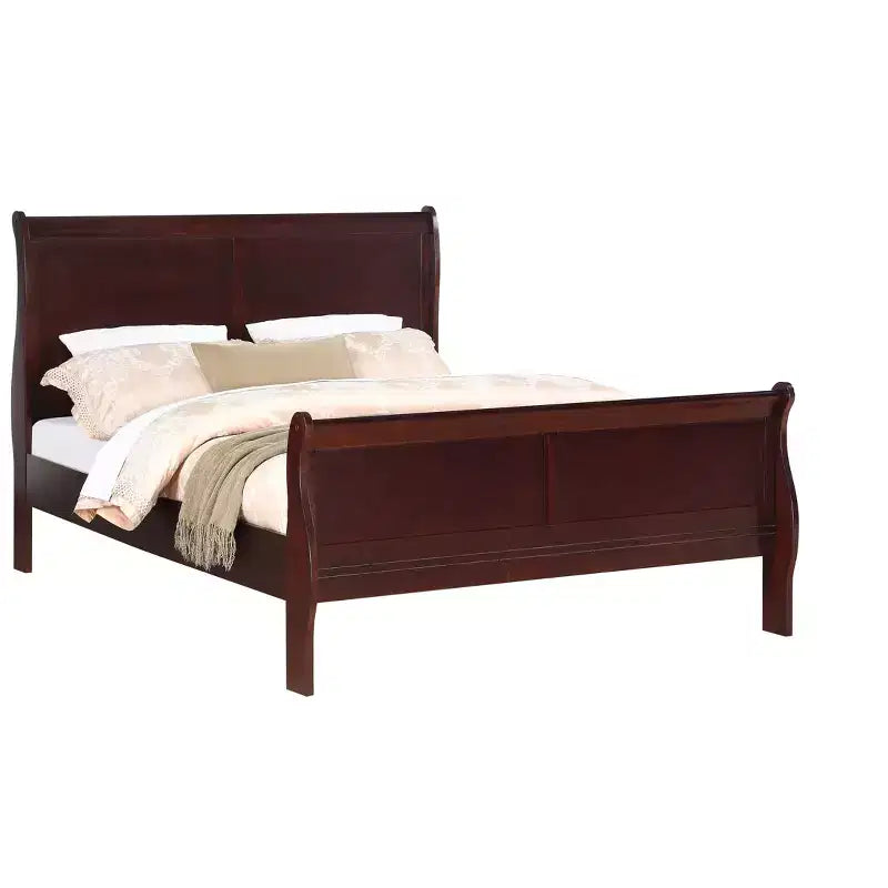 Okak 62 Lit traîneau Queen en bois massif avec tête et pied de lit, design sûr à profil bas pour chambre d'enfant, cerisier