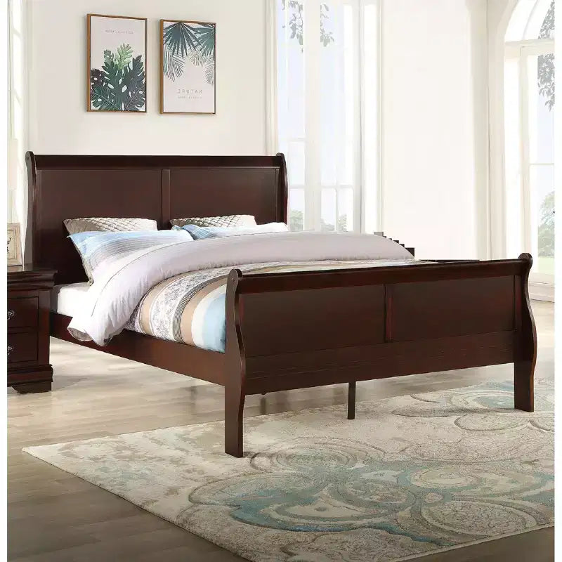 Okak 62 Lit traîneau Queen en bois massif avec tête et pied de lit, design sûr à profil bas pour chambre d'enfant, cerisier