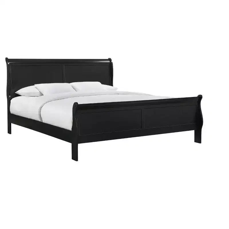 Okak 62 Queen Sleigh Bed Solid Wood Youth Bed Frame with Headboard/Footboard, Low Profile Safe Design for Kids Room, Black