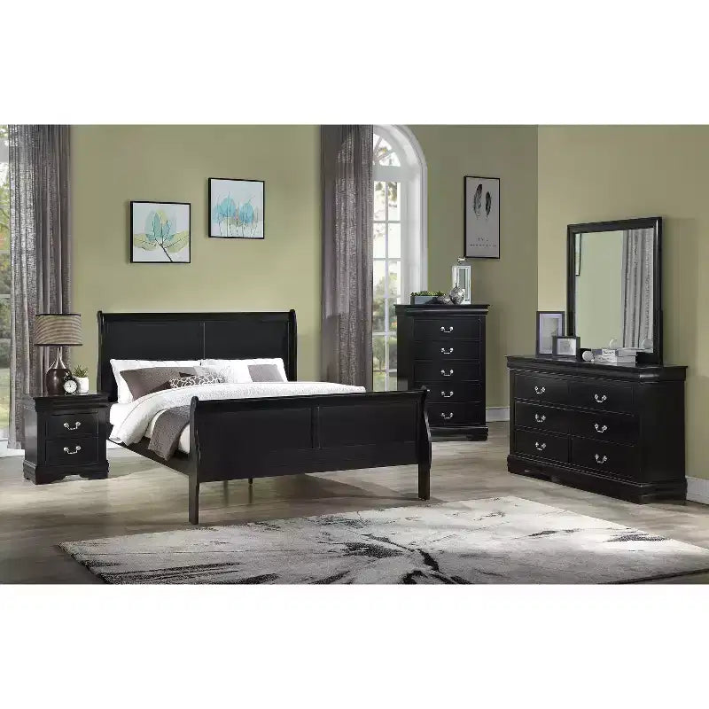Okak 62 Lit traîneau queen en bois massif avec tête/pied de lit, conception basse et sécurisée pour chambre d'enfant, noir