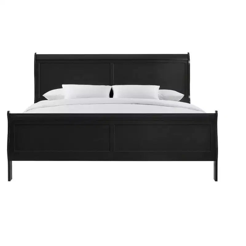 Okak 62 Lit traîneau queen en bois massif avec tête/pied de lit, conception basse et sécurisée pour chambre d'enfant, noir