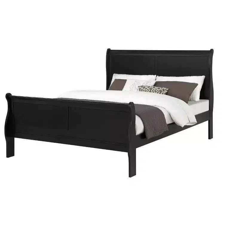 Okak 62 Lit traîneau queen en bois massif avec tête/pied de lit, conception basse et sécurisée pour chambre d'enfant, noir