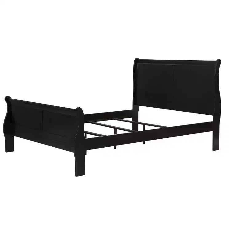 Okak 62 Lit traîneau queen en bois massif avec tête/pied de lit, conception basse et sécurisée pour chambre d'enfant, noir