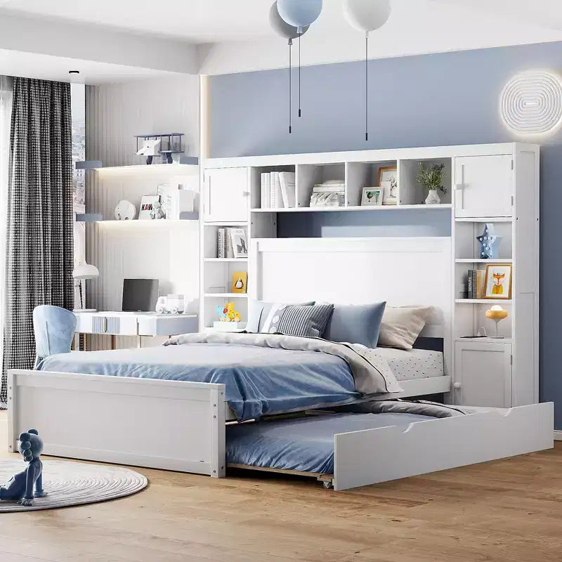 Full Size Wooden Bed With All-in-One Cabinet Shelf and Sockets Twin Size Trundle White