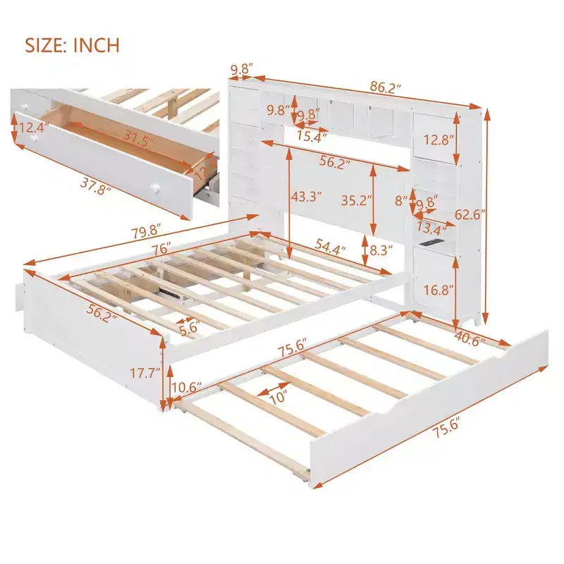 Lit double en bois avec étagère de rangement intégrée et prises électriques, tiroir gigogne simple, blanc