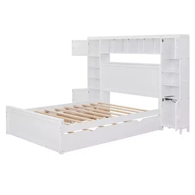 Lit double en bois avec étagère de rangement intégrée et prises électriques, tiroir gigogne simple, blanc