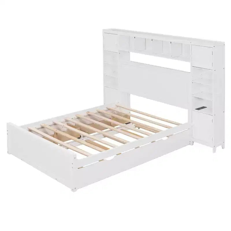 Lit double en bois avec étagère de rangement intégrée et prises électriques, tiroir gigogne simple, blanc