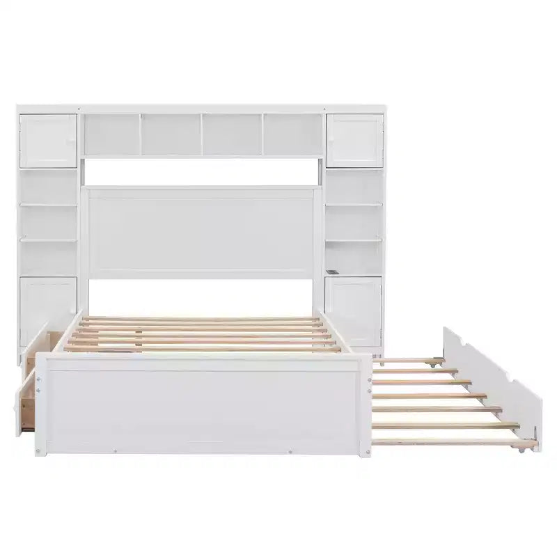 Lit double en bois avec étagère de rangement intégrée et prises électriques, tiroir gigogne simple, blanc