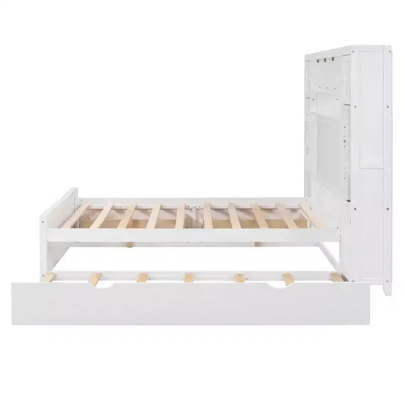 Lit double en bois avec étagère de rangement intégrée et prises électriques, tiroir gigogne simple, blanc