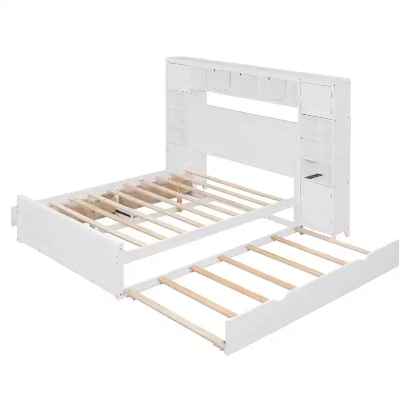 Lit double en bois avec étagère de rangement intégrée et prises électriques, tiroir gigogne simple, blanc