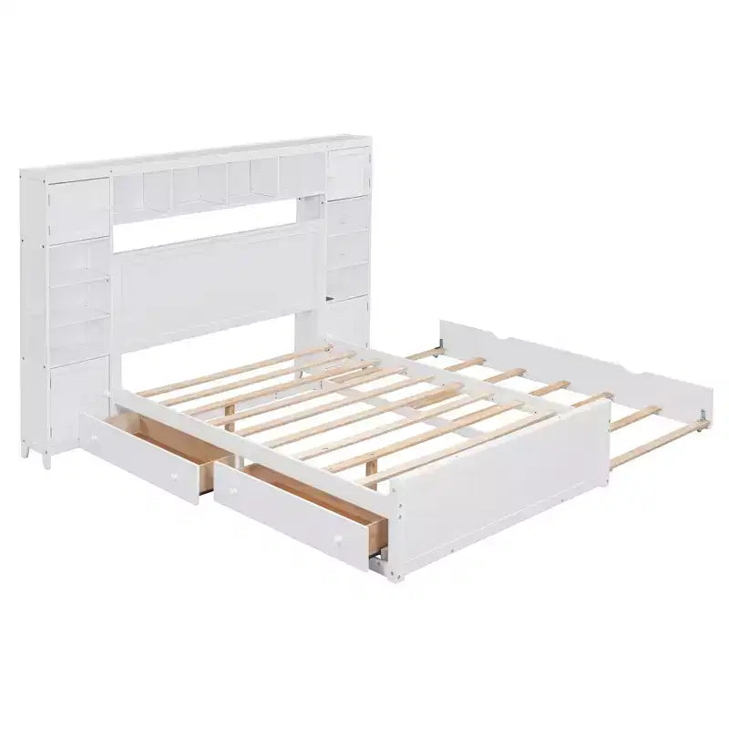 Lit double en bois avec étagère de rangement intégrée et prises électriques, tiroir gigogne simple, blanc