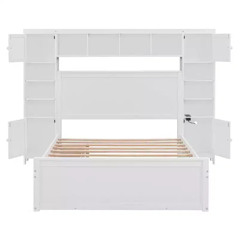 Lit double en bois avec étagère de rangement intégrée et prises électriques, tiroir gigogne simple, blanc
