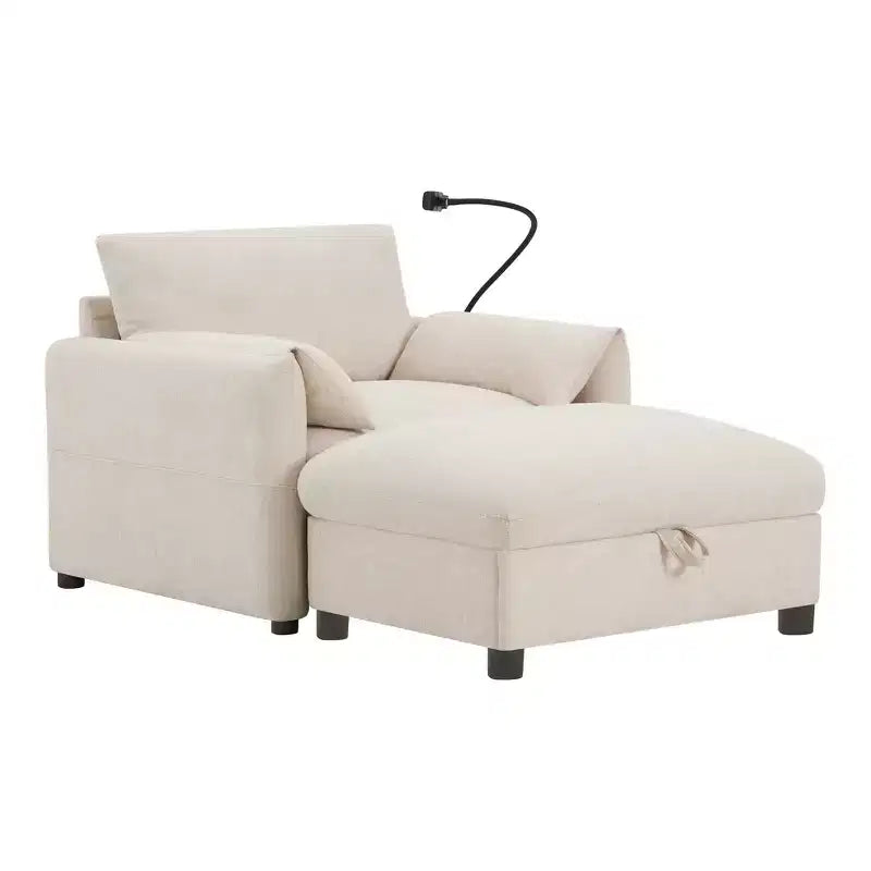 Fauteuil et chaise longue individuels en chenille surdimensionnés Whisen avec pouf de rangement, support de téléphone réglable, ports de chargement, poches latérales