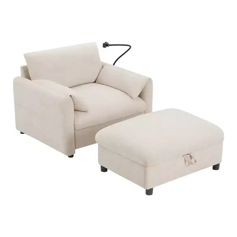 Fauteuil et chaise longue individuels en chenille surdimensionnés Whisen avec pouf de rangement, support de téléphone réglable, ports de chargement, poches latérales