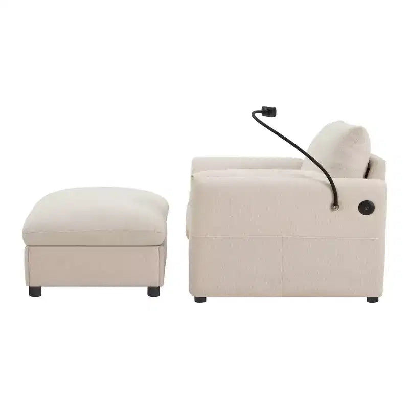 Fauteuil et chaise longue individuels en chenille surdimensionnés Whisen avec pouf de rangement, support de téléphone réglable, ports de chargement, poches latérales