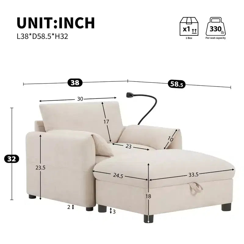 Fauteuil et chaise longue individuels en chenille surdimensionnés Whisen avec pouf de rangement, support de téléphone réglable, ports de chargement, poches latérales
