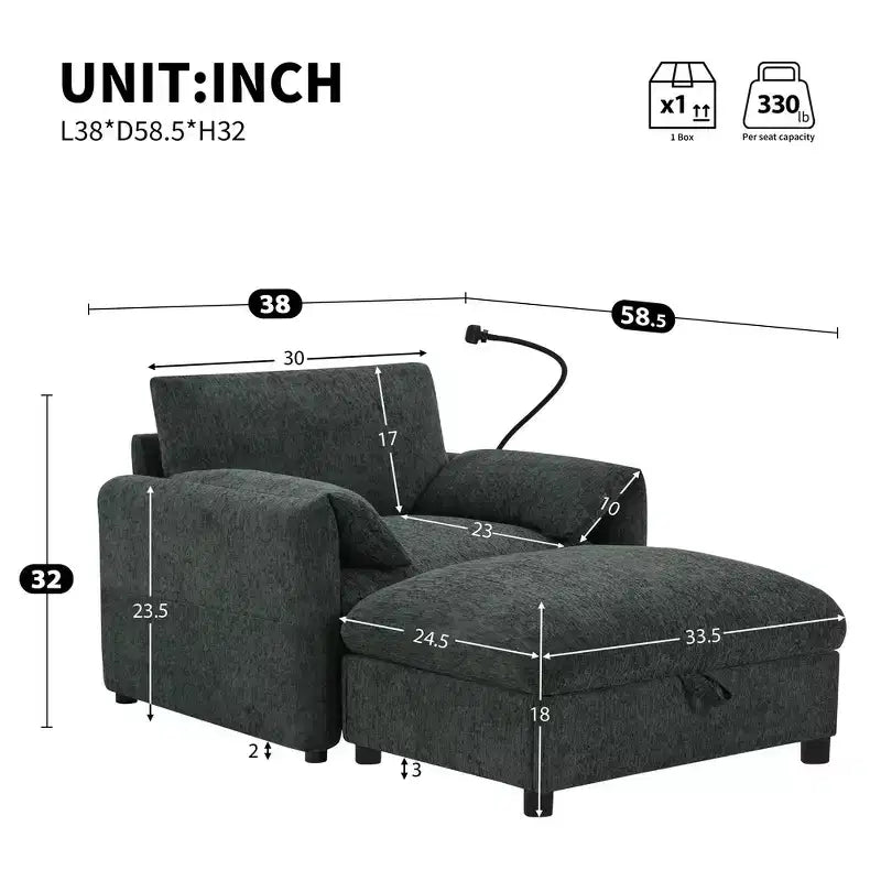 Fauteuil et chaise longue individuels en chenille surdimensionnés Whisen avec pouf de rangement, support de téléphone réglable, ports de chargement, poches latérales