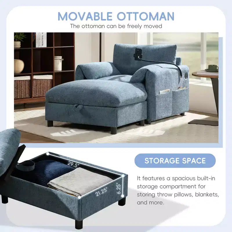 Fauteuil et chaise longue individuels en chenille surdimensionnés Whisen avec pouf de rangement, support de téléphone réglable, ports de chargement, poches latérales