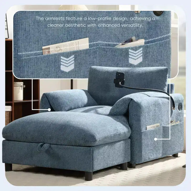 Fauteuil et chaise longue individuels en chenille surdimensionnés Whisen avec pouf de rangement, support de téléphone réglable, ports de chargement, poches latérales