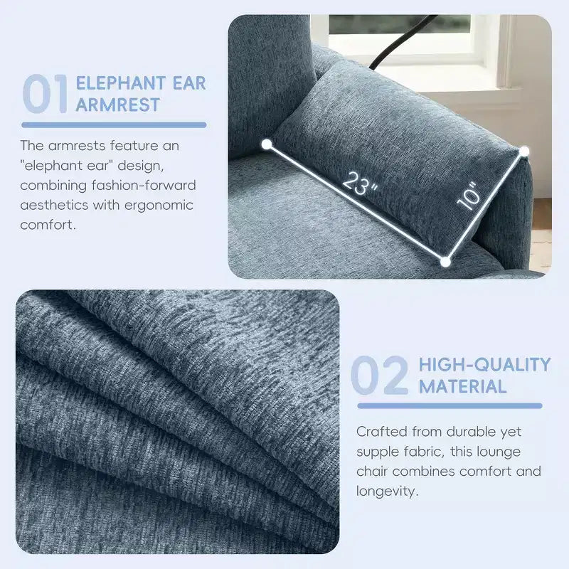 Fauteuil et chaise longue individuels en chenille surdimensionnés Whisen avec pouf de rangement, support de téléphone réglable, ports de chargement, poches latérales