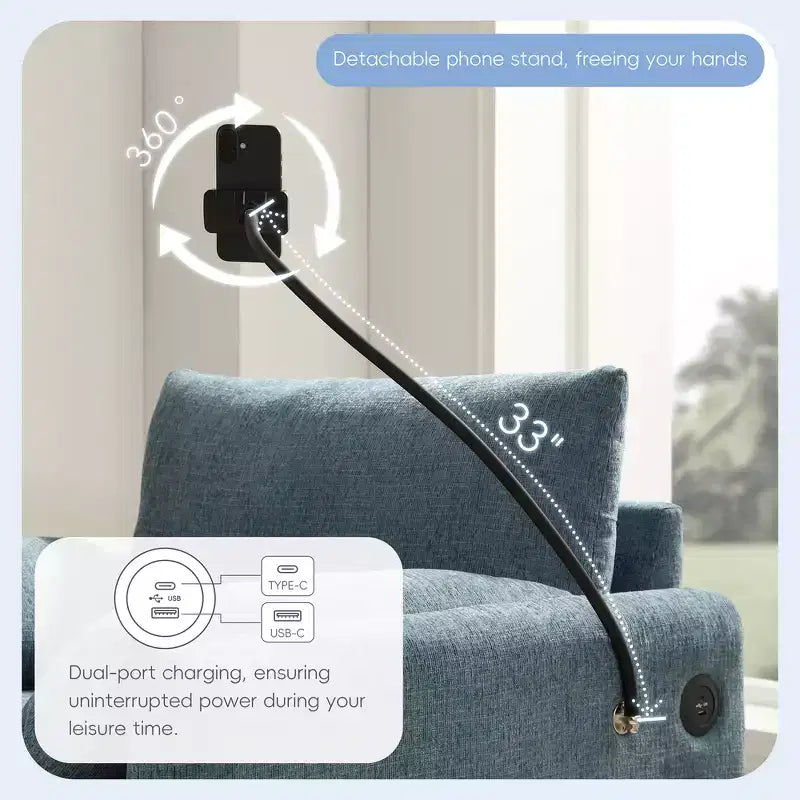 Fauteuil et chaise longue individuels en chenille surdimensionnés Whisen avec pouf de rangement, support de téléphone réglable, ports de chargement, poches latérales