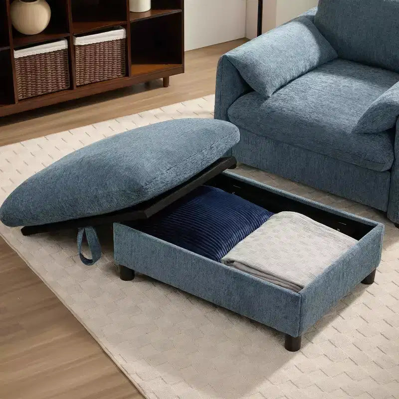 Fauteuil et chaise longue individuels en chenille surdimensionnés Whisen avec pouf de rangement, support de téléphone réglable, ports de chargement, poches latérales