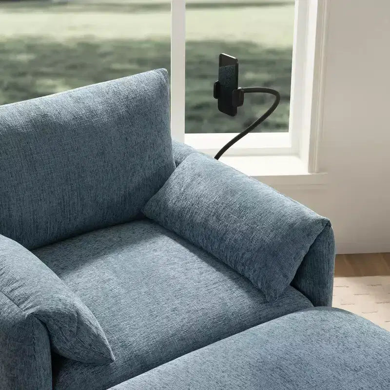 Fauteuil et chaise longue individuels en chenille surdimensionnés Whisen avec pouf de rangement, support de téléphone réglable, ports de chargement, poches latérales