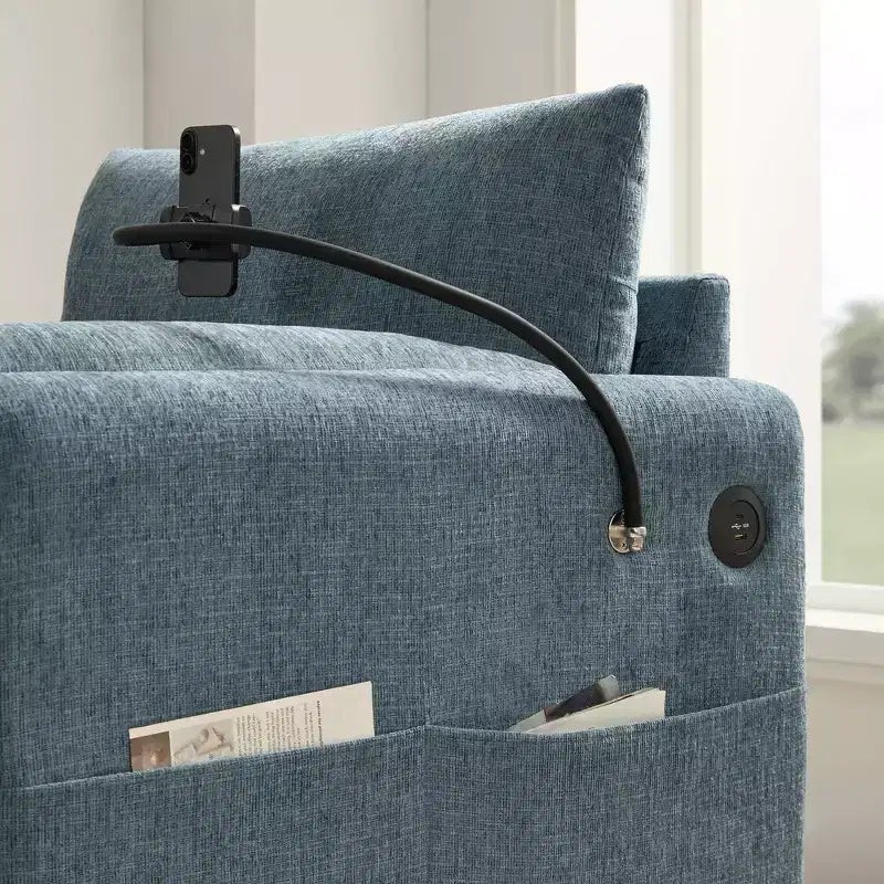Fauteuil et chaise longue individuels en chenille surdimensionnés Whisen avec pouf de rangement, support de téléphone réglable, ports de chargement, poches latérales