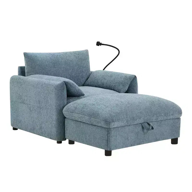 Fauteuil et chaise longue individuels en chenille surdimensionnés Whisen avec pouf de rangement, support de téléphone réglable, ports de chargement, poches latérales