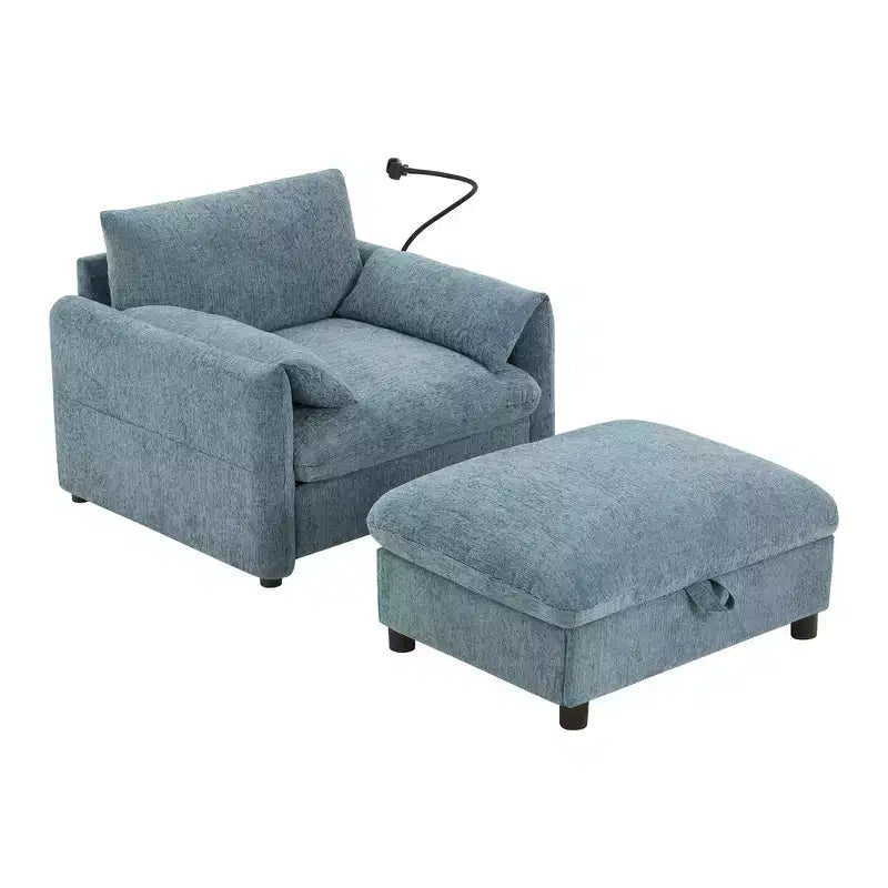 Fauteuil et chaise longue individuels en chenille surdimensionnés Whisen avec pouf de rangement, support de téléphone réglable, ports de chargement, poches latérales