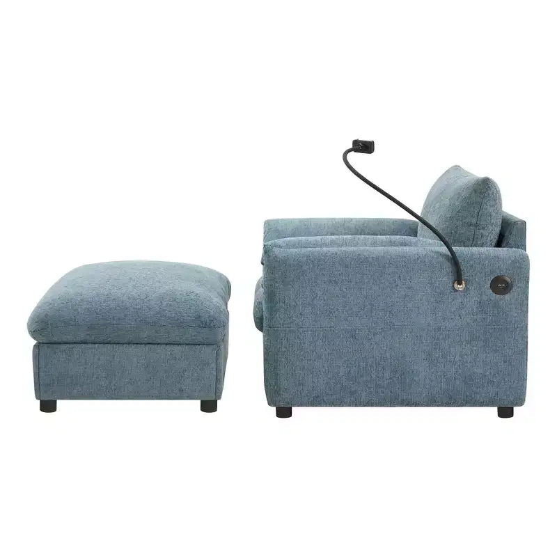 Fauteuil et chaise longue individuels en chenille surdimensionnés Whisen avec pouf de rangement, support de téléphone réglable, ports de chargement, poches latérales