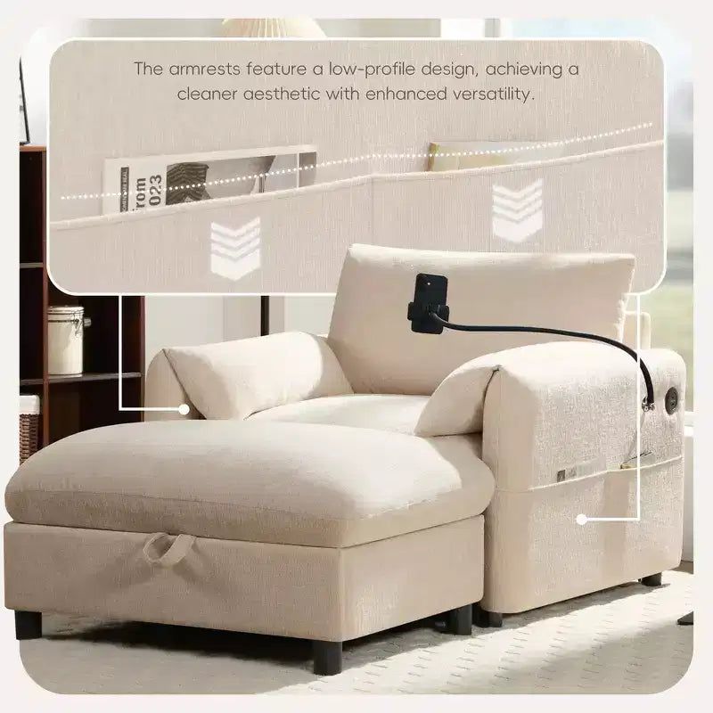 Fauteuil et chaise longue individuels en chenille surdimensionnés Whisen avec pouf de rangement, support de téléphone réglable, ports de chargement, poches latérales