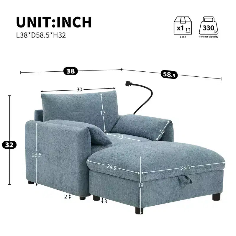 Fauteuil et chaise longue individuels en chenille surdimensionnés Whisen avec pouf de rangement, support de téléphone réglable, ports de chargement, poches latérales